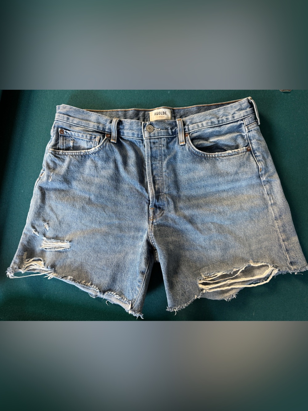 AGOLDE Parker Long Distressed Medium Wash Cuff Denim Shorts Heat Wave Size 31